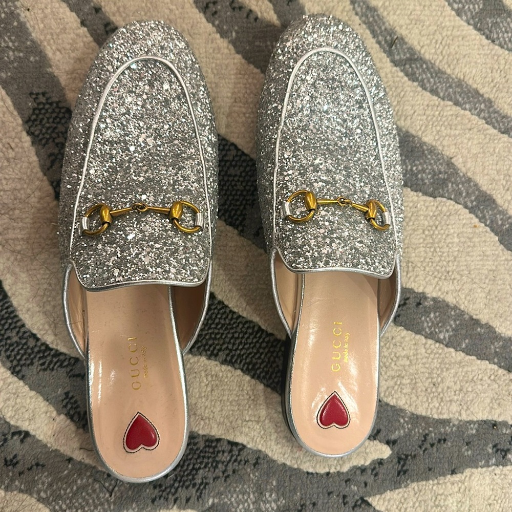 Gucci Silver Glitter Mules